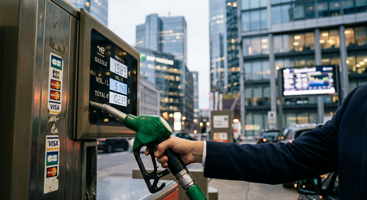 Pompe à essence TotalEnergies affichant un prix plafonné, avec des dirigeants de PME discutant des coûts du carburant en arrière-plan.