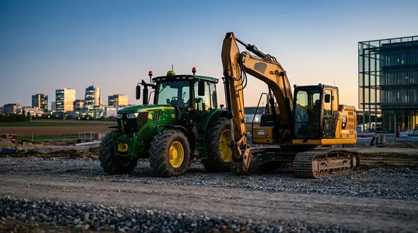 Un tracteur agricole et une pelleteuse de chantier, symbolisant les PME du BTP et agricoles, face à une pompe à carburants affichant une hausse des prix, illustrant la fin des aides.