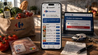 Illustration de l'intégration de Carrefour dans ChatGPT, montrant un utilisateur interagissant avec l'IA pour faire ses courses, symbolisant le commerce conversationnel et la transformation digitale du retail.