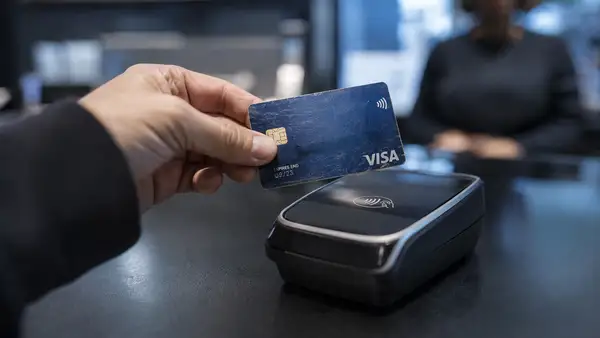 Carte bancaire Visa périmée utilisée en paiement sans contact sur un terminal de paiement, illustration réaliste d’une faille de sécurité permettant à des fraudeurs d’exploiter certaines anciennes cartes bancaires expirées.