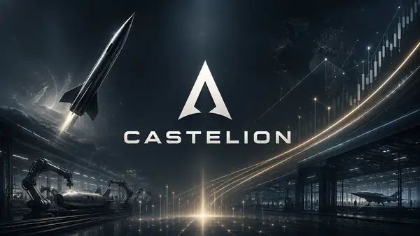 Illustration éditoriale de Castelion représentant le logo de l’entreprise au centre d’un environnement industriel et technologique lié à la défense, avec un missile hypersonique en lancement, des chaînes de production robotisées, des infrastructures militaires et des courbes de croissance évoquant sa levée de fonds de 1 milliard de dollars et sa valorisation de 13 milliards.