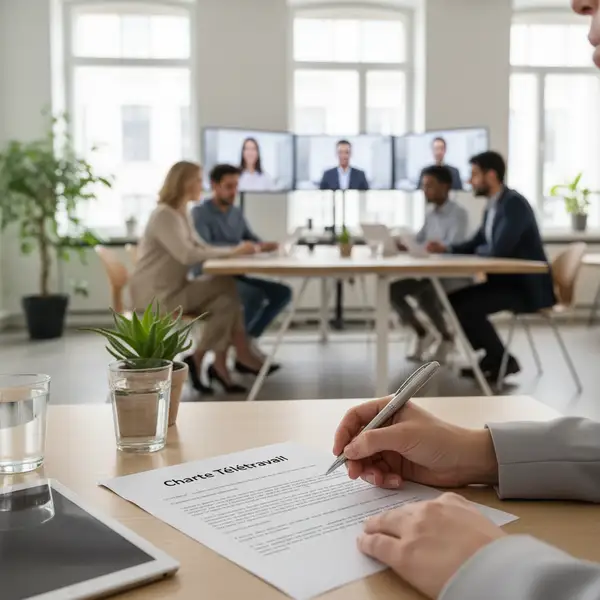 Illustration d'une équipe de PME travaillant à distance et au bureau, symbolisant la flexibilité et l'organisation d'une charte télétravail PME.