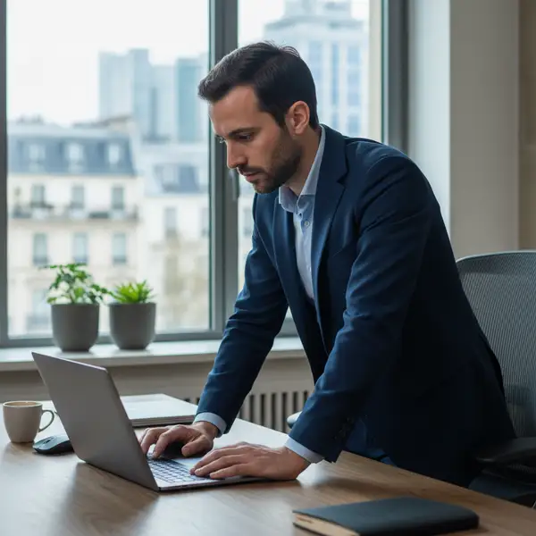 Un entrepreneur souriant travaillant sur un ordinateur portable, avec des icônes d'intelligence artificielle et de productivité flottant autour, illustrant l'efficacité de ChatGPT pour entrepreneurs.