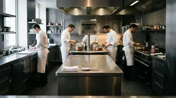 Un dirigeant de PME en cuisine professionnelle illustrant le concept de Chef étoilé RH et de management agile.