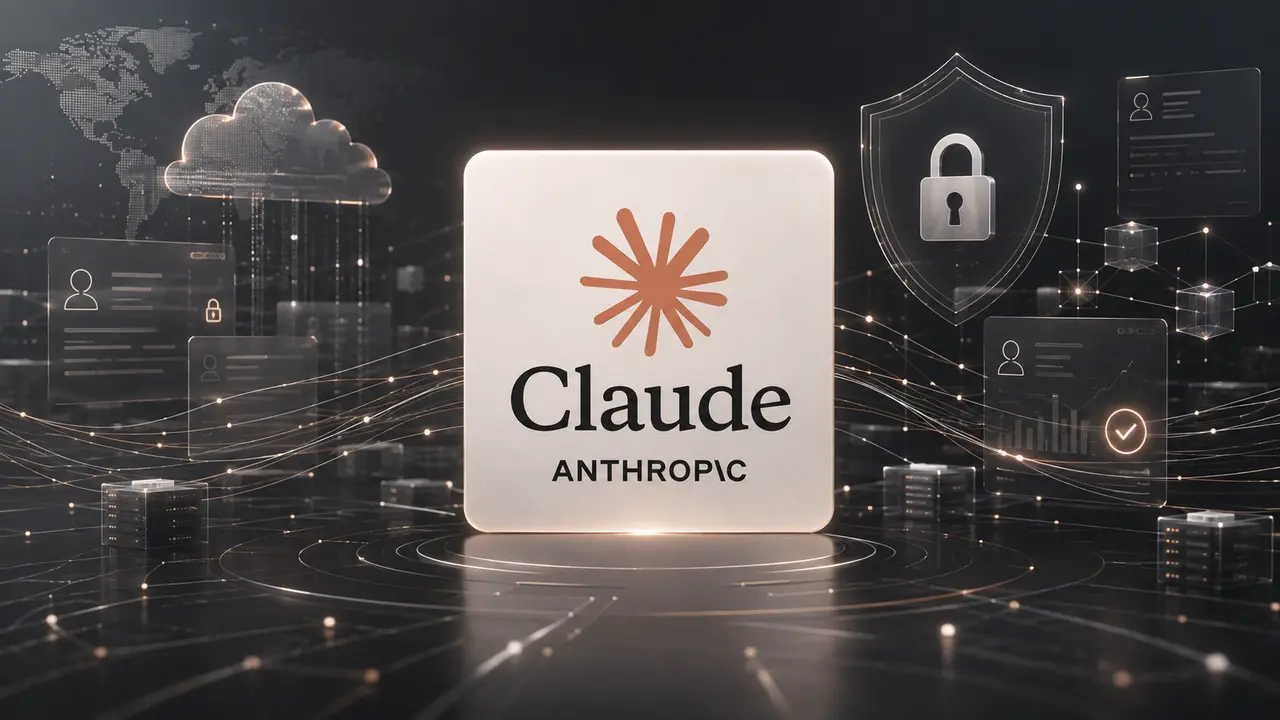 Illustration éditoriale représentant Claude d’Anthropic au centre d’un environnement numérique sécurisé, entouré de flux de données utilisateurs, d’interfaces cloud, de serveurs, de profils numériques, de cadenas et de symboles de cybersécurité, pour illustrer l’évolution de la politique de conservation des données des entreprises utilisant Claude.