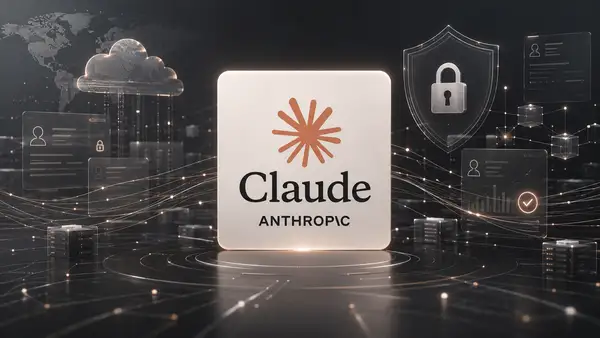 Illustration éditoriale représentant Claude d’Anthropic au centre d’un environnement numérique sécurisé, entouré de flux de données utilisateurs, d’interfaces cloud, de serveurs, de profils numériques, de cadenas et de symboles de cybersécurité, pour illustrer l’évolution de la politique de conservation des données des entreprises utilisant Claude.