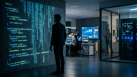 Illustration d'une intelligence artificielle analysant du code pour la détection de failles, symbolisant la puissance de Claude Mythos en cybersécurité.