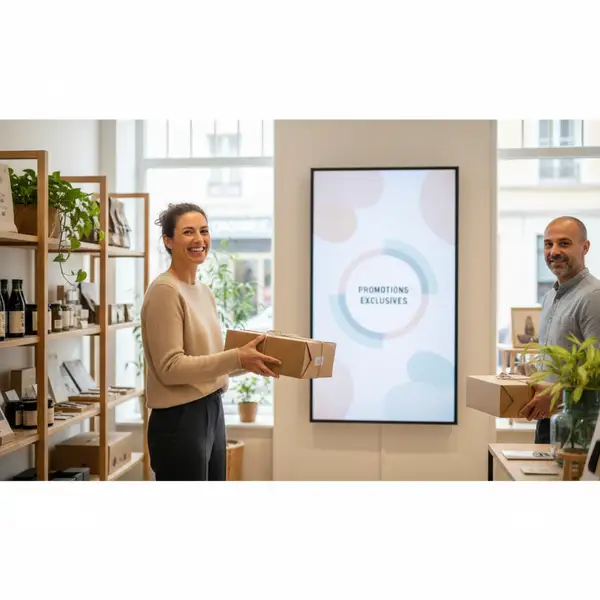 Une cliente souriante récupérant sa commande Click & Collect dans une petite boutique indépendante, illustrant l'omnicanalité.