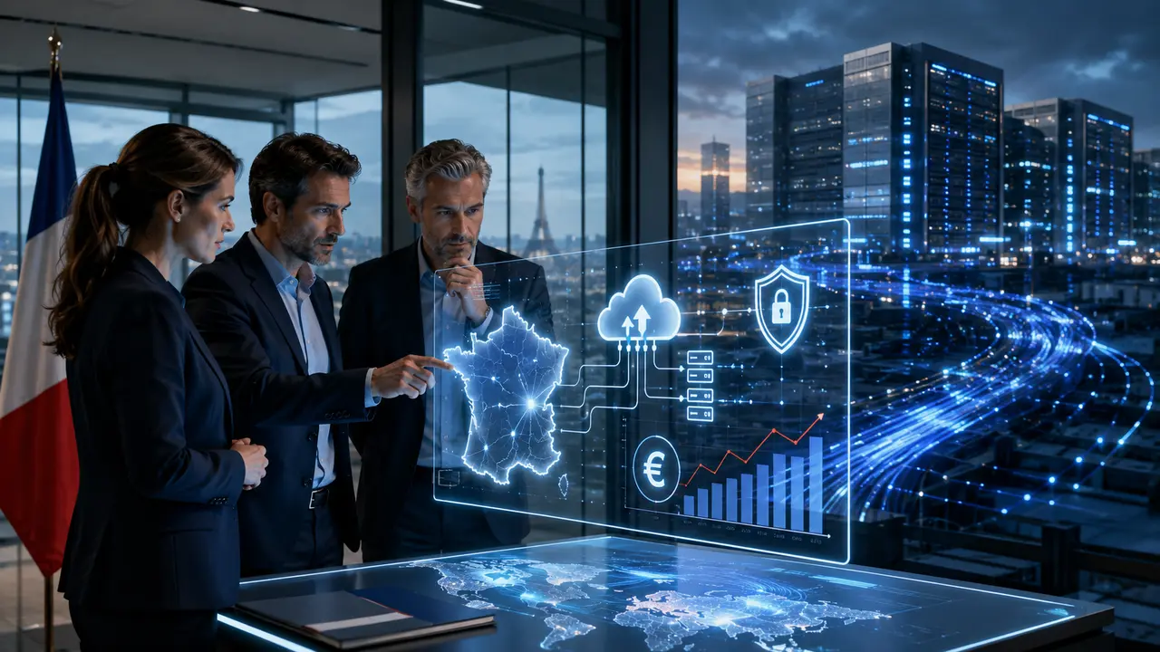 Dirigeants français analysant une interface numérique sur le cloud souverain, la cybersécurité, les coûts et la dépendance aux infrastructures étrangères.