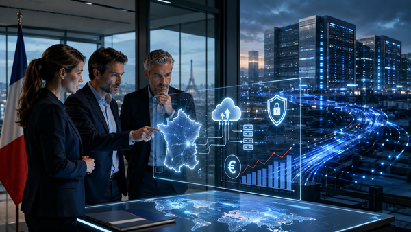 Dirigeants français analysant une interface numérique sur le cloud souverain, la cybersécurité, les coûts et la dépendance aux infrastructures étrangères.
