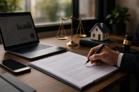 Scène éditoriale réaliste d’un bureau professionnel : une main en costume tient un stylo au-dessus d’un dossier contractuel posé sur un bureau en bois, à côté d’un ordinateur portable affichant des graphiques, d’une balance de justice, d’un maillet, d’une maquette de maison et d’un smartphone, dans une lumière naturelle chaude évoquant la conformité juridique et la gestion d’entreprise.