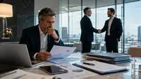 Dirigeant préparant la vente de son entreprise dans un bureau moderne, entouré de documents financiers, rapports de valorisation, contrats et outils d’analyse, tandis qu’un accord est symbolisé par une poignée de main entre professionnels en arrière-plan. L’image illustre les principales étapes d’une cession d’entreprise : estimation de la valeur, préparation financière, négociation avec un repreneur, due diligence et transmission de la société.