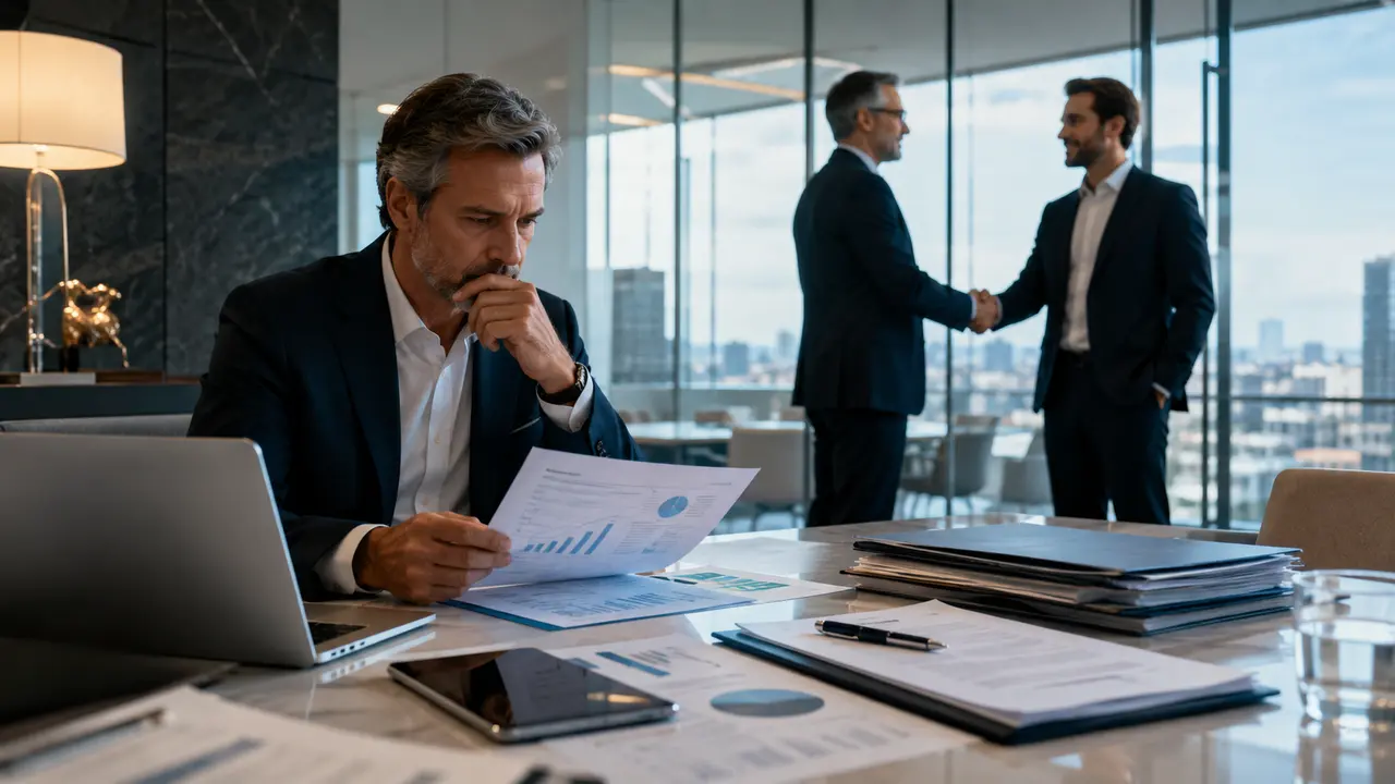Dirigeant préparant la vente de son entreprise dans un bureau moderne, entouré de documents financiers, rapports de valorisation, contrats et outils d’analyse, tandis qu’un accord est symbolisé par une poignée de main entre professionnels en arrière-plan. L’image illustre les principales étapes d’une cession d’entreprise : estimation de la valeur, préparation financière, négociation avec un repreneur, due diligence et transmission de la société.