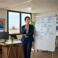 Illustration de professionnels en formation, symbolisant le développement de compétences IA RH au sein d'une PME, avec des graphiques d'optimisation logistique en arrière-plan.