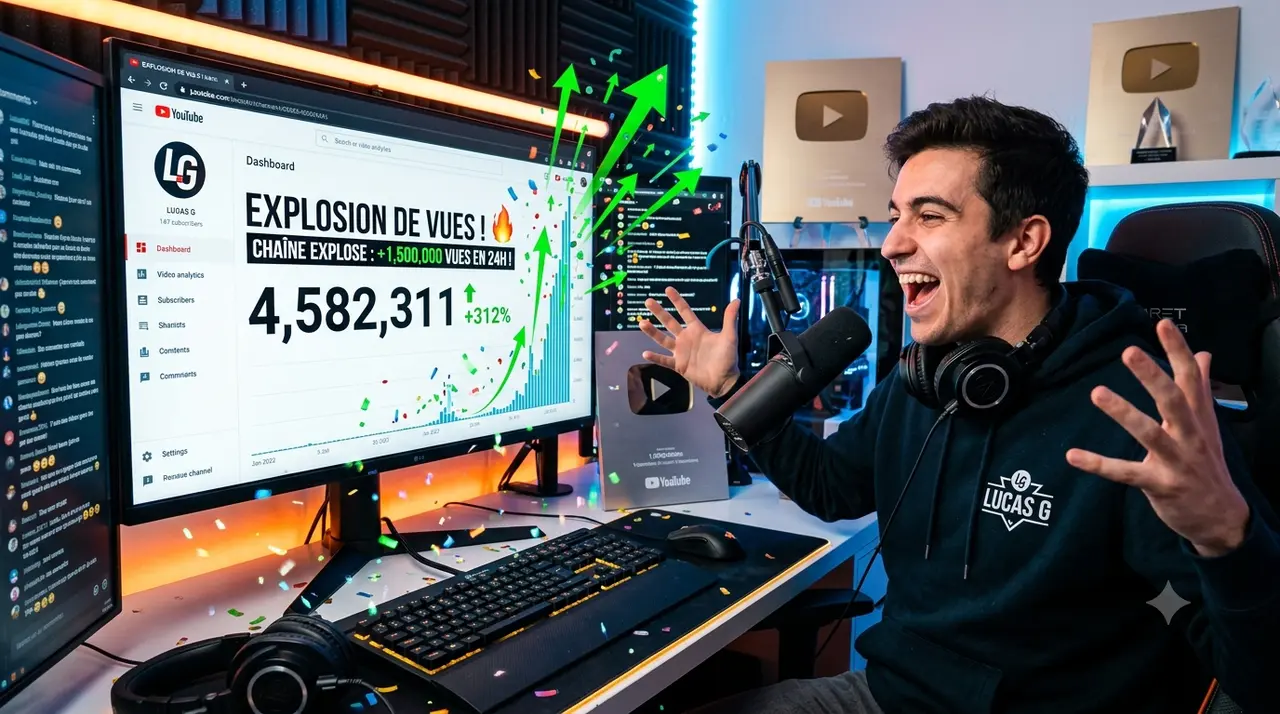 Image d'un youtubeur en liesse dans son studio, célébrant une explosion de vues. L'écran de son ordinateur affiche des statistiques de chaîne YouTube impressionnantes : 'EXPLOSION DE VUES !', '+1 500 000 VUES EN 24H' et un total de '4 582 311'. Un graphique en flèche verte montante et des confettis symbolisent la croissance fulgurante. Le créateur, portant un casque audio et un micro de streaming, est entouré de trophées YouTube Silver et Gold Play Buttons. Scène idéale pour illustrer le succès sur YouTube, le marketing d'influence et la création de contenu viral.