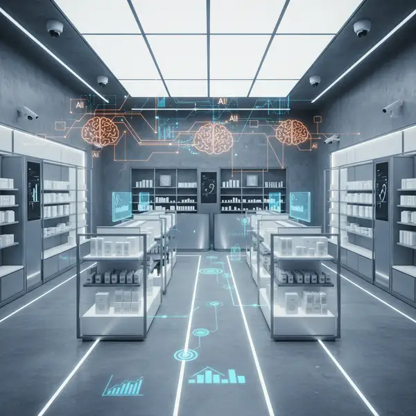 Illustration d'un magasin intelligent en 2026, avec des algorithmes de computer vision optimisant le parcours client et la gestion du merchandising.