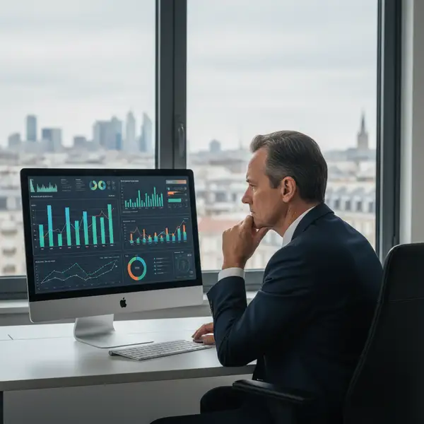 Dirigeant de PME français analysant des données financières sur un ordinateur, reflétant la conjoncture économique 2026, l'inflation et les taux d'intérêt.