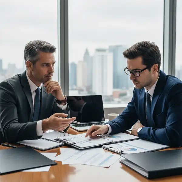 Illustration d'un dirigeant de PME consultant des documents fiscaux avec un avocat, symbolisant la défense des droits lors d'un contrôle fiscal PME.