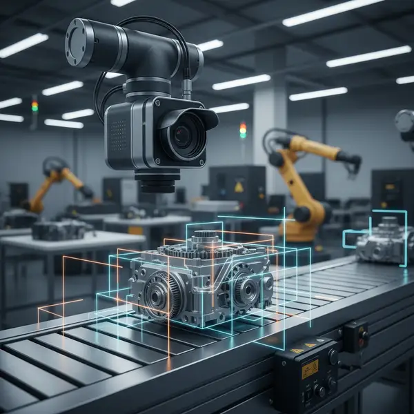 Une caméra intelligente dotée de vision par IA inspecte des pièces manufacturées sur une ligne de production, symbolisant le contrôle qualité visuel par IA en PME.