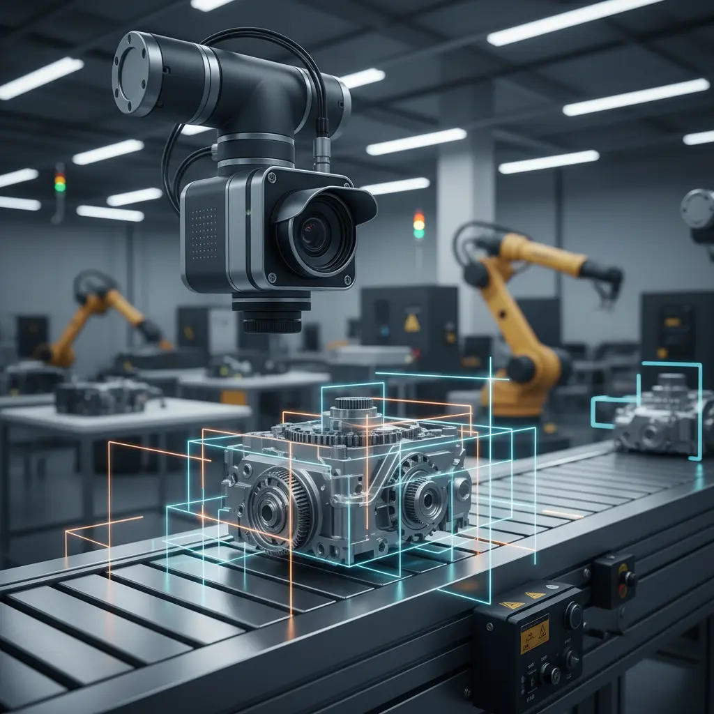 Une caméra intelligente dotée de vision par IA inspecte des pièces manufacturées sur une ligne de production, symbolisant le contrôle qualité visuel par IA en PME.