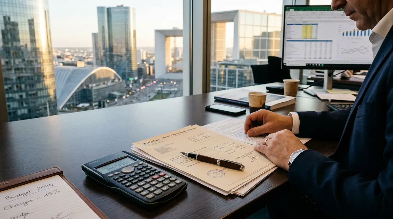 Illustration d'une calculatrice et de documents fiscaux avec le logo URSSAF, symbolisant l'optimisation des cotisations sociales et la gestion des charges pour les indépendants.