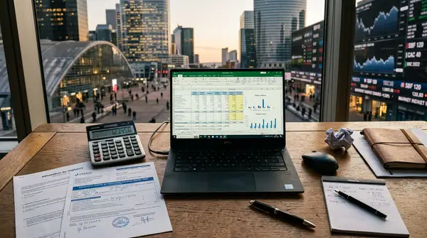 Illustration d'un micro-entrepreneur jonglant avec des documents administratifs et des chiffres, symbolisant la complexité des cotisations URSSAF micro-entreprise et des revenus mixtes.