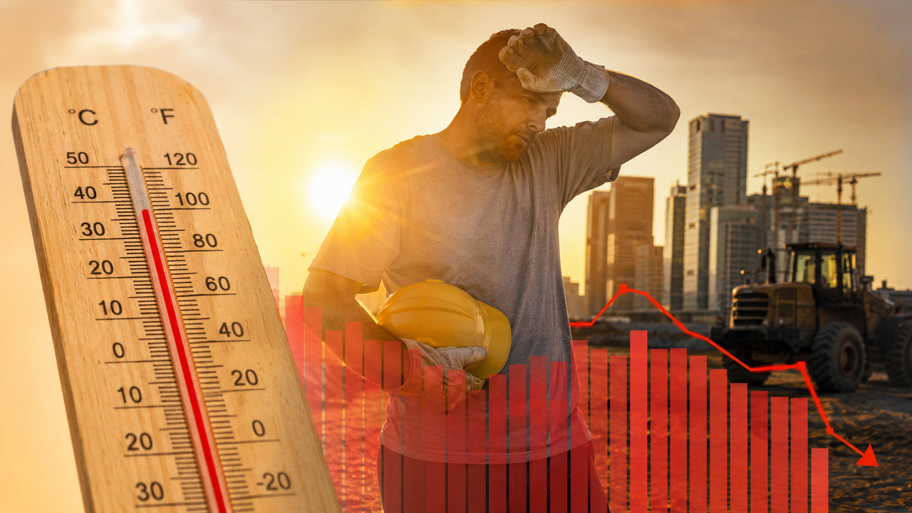 Ouvrier épuisé par la canicule devant un thermomètre et un graphique économique en baisse.