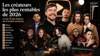 Montage éditorial représentant les créateurs de contenu les plus rentables de 2026, avec MrBeast au centre, entouré de plusieurs figures majeures de la creator economy dans un décor de studio média.