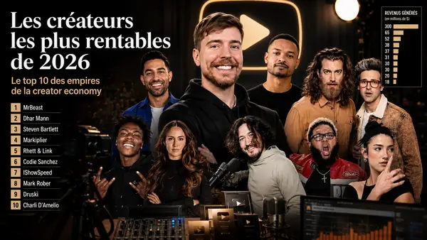 Montage éditorial représentant les créateurs de contenu les plus rentables de 2026, avec MrBeast au centre, entouré de plusieurs figures majeures de la creator economy dans un décor de studio média.