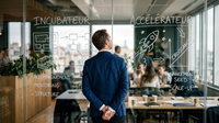Illustration d'un entrepreneur lyonnais devant deux chemins, l'un menant à un incubateur, l'autre à un accélérateur, symbolisant le choix crucial pour sa Création d'entreprise.