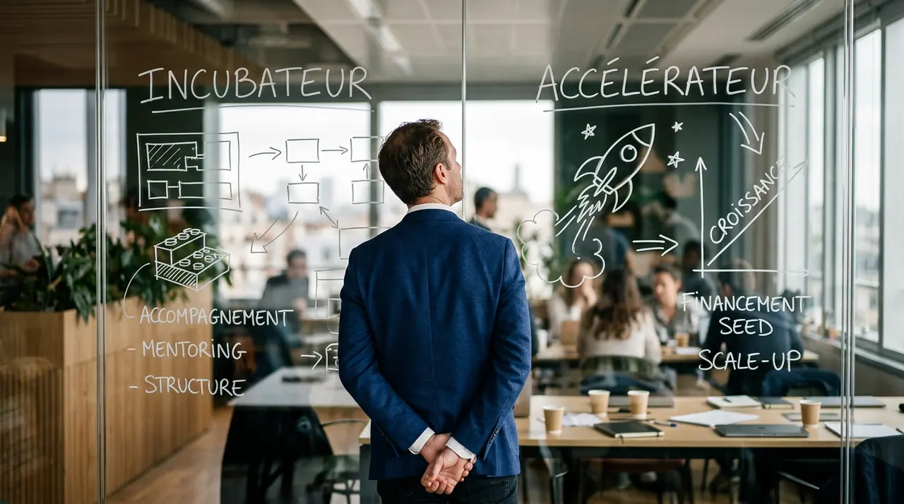Illustration d'un entrepreneur lyonnais devant deux chemins, l'un menant à un incubateur, l'autre à un accélérateur, symbolisant le choix crucial pour sa Création d'entreprise.