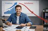 Entrepreneur assis à son bureau dans un espace de travail moderne, analysant des documents financiers avec une calculatrice, devant un graphique montrant une hausse des créations d’entreprises et une baisse des performances, pour illustrer le paradoxe entrepreneurial en France en 2026.
