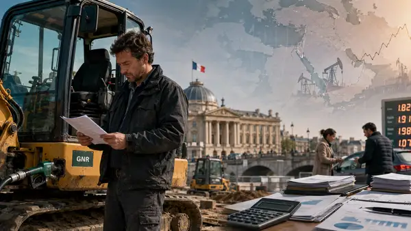 Un responsable du BTP consulte ses factures devant un engin au GNR, sur fond de tensions énergétiques liées au Moyen-Orient.