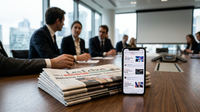Illustration de la crise presse : un journal froissé sur un écran d'ordinateur affichant des graphiques de baisse, symbolisant les défis et opportunités pour les PME.