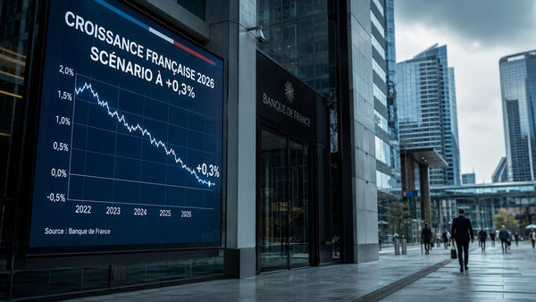Graphique montrant une courbe de croissance économique française stagnante ou en baisse pour 2026, avec des symboles d'alerte et de gel, illustrant le risque de gel économique et l'impact sur la croissance française 2026.