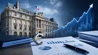 Illustration réaliste de la Banque de France avec des graphiques financiers en hausse, représentant le relèvement de la prévision de croissance française.
