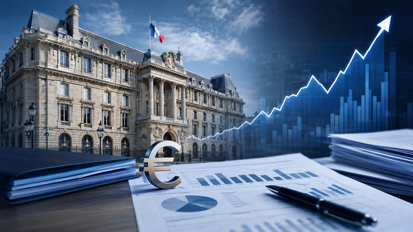 Illustration réaliste de la Banque de France avec des graphiques financiers en hausse, représentant le relèvement de la prévision de croissance française.