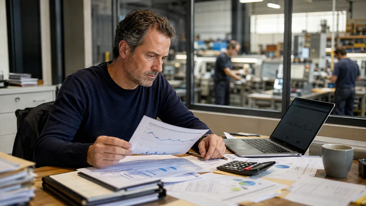 Dirigeant de PME française analysant des documents financiers et des graphiques de trésorerie dans un bureau avec atelier en arrière-plan, illustrant une rentrée économique tendue en France dans un contexte de croissance zéro, d’inflation et de pression sur les marges.