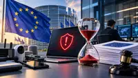 Illustration du Cyber Resilience Act entrant dans une nouvelle phase le 11 septembre 2026, avec drapeau de l’Union européenne, ordinateur affichant une alerte de cybersécurité, équipements numériques connectés et sablier symbolisant le délai de 24 heures imposé pour signaler certaines vulnérabilités activement exploitées et incidents graves.