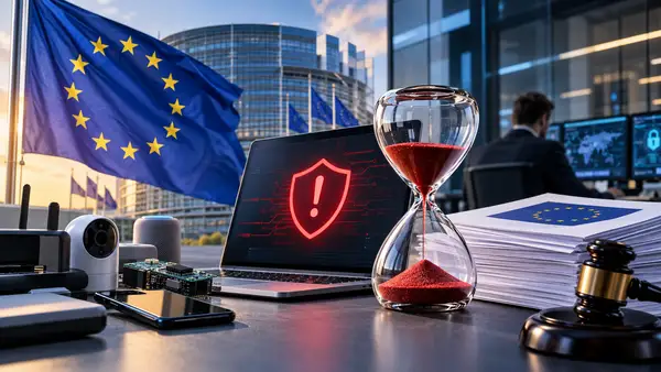 Illustration du Cyber Resilience Act entrant dans une nouvelle phase le 11 septembre 2026, avec drapeau de l’Union européenne, ordinateur affichant une alerte de cybersécurité, équipements numériques connectés et sablier symbolisant le délai de 24 heures imposé pour signaler certaines vulnérabilités activement exploitées et incidents graves.