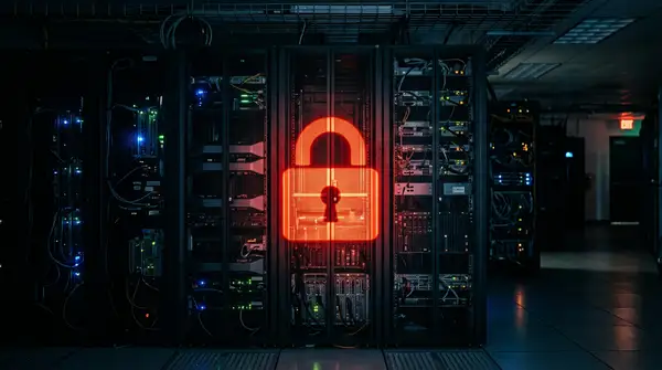 Illustration d'un cadenas numérique et de données s'échappant d'un ordinateur, symbolisant une cyberattaque PME rançongiciel avec fuite de données.
