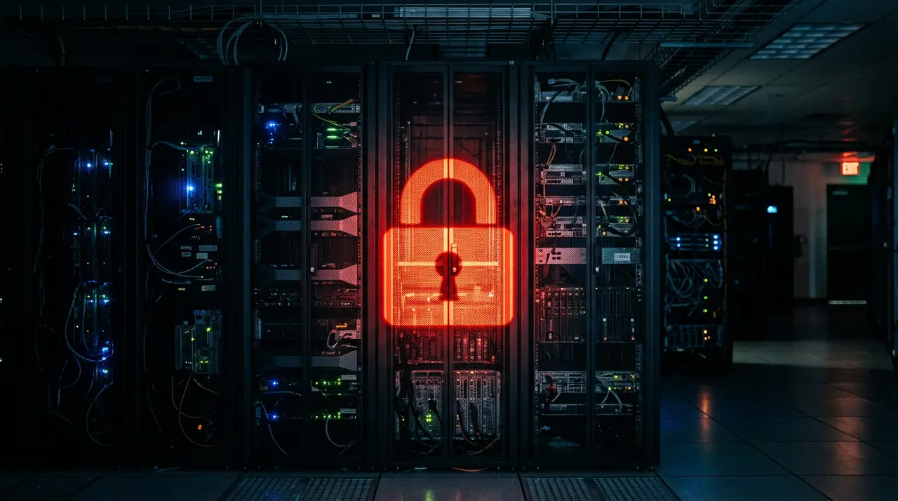Illustration d'un cadenas numérique et de données s'échappant d'un ordinateur, symbolisant une cyberattaque PME rançongiciel avec fuite de données.