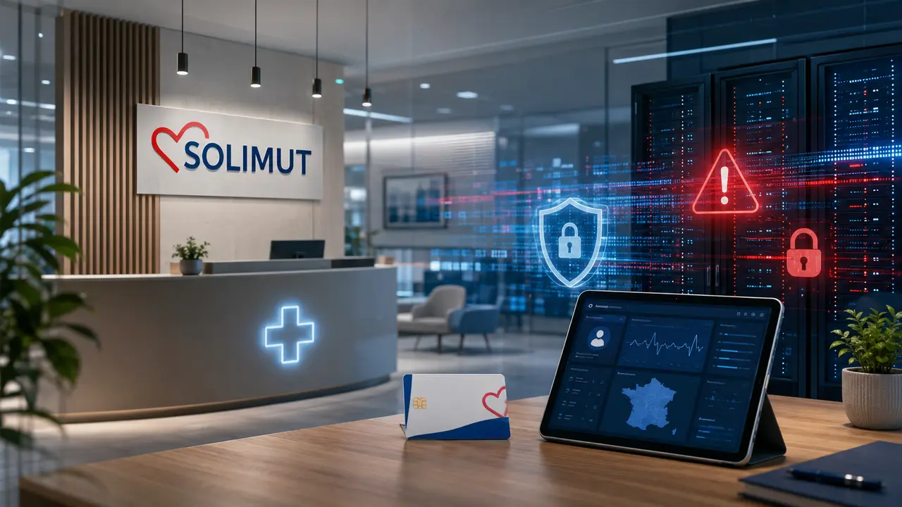 Illustration de la cyberattaque visant Solimut Mutuelle de France, avec le logo Solimut dans un environnement de mutuelle santé et des symboles de cybersécurité représentant une fuite de données personnelles, d’IBAN et d’informations sensibles.