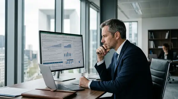 Un entrepreneur en PME, l'air préoccupé, devant un écran d'ordinateur affichant des symboles de cyberharcèlement et de recours juridiques.