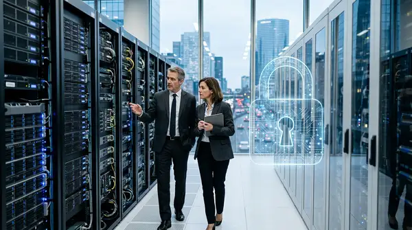 Illustration de la chute d'une entreprise de Cybersécurité, symbolisant la défaillance de Tehtris malgré des levées de fonds importantes, avec des graphiques financiers en baisse.