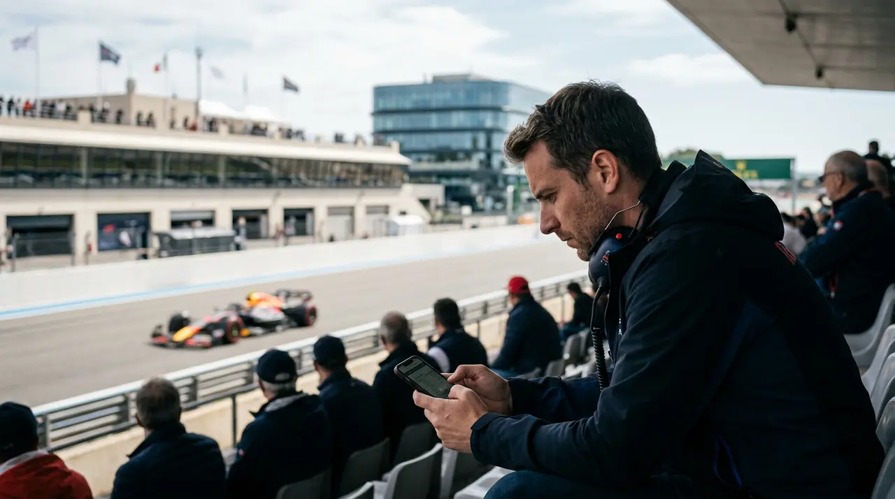 Un pilote de Formule 1 sur un circuit, avec des éléments de cybersécurité superposés, symbolisant la protection des fans F1 contre les menaces numériques.