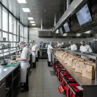 dark kitchen France — Vue intérieure d'une cuisine professionnelle moderne et épurée, symbolisant une dark kitchen en