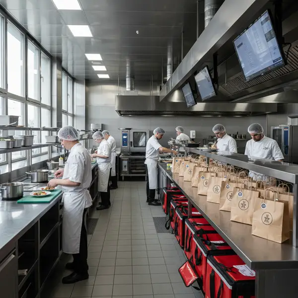 dark kitchen France — Vue intérieure d'une cuisine professionnelle moderne et épurée, symbolisant une dark kitchen en