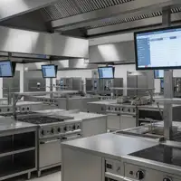 Une vue moderne et épurée d'une dark kitchen mutualisée, illustrant l'efficacité et l'innovation des laboratoires alimentaires partagés en 2026.