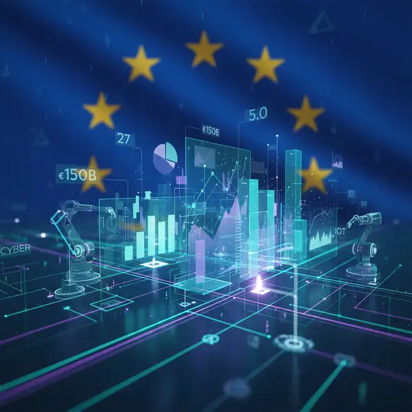 Illustration conceptuelle montrant des flèches de données circulant entre des icônes d'objets connectés et des PME, symbolisant l'impact du Data Act 2026 sur le partage des données IoT.